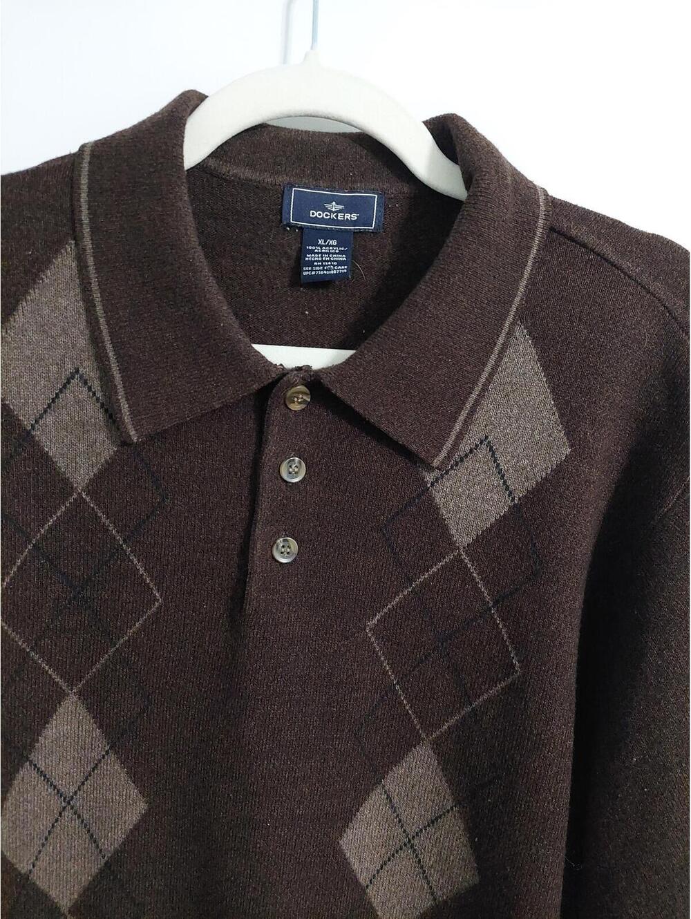 Dockers Brown Argyle Pattern Long Sleeve Polo Sweater XL